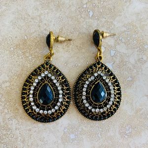 Vintage Antiqued Black Stone Dangle Earrings